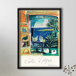 Framed Picasso Travel Poster, Picasso Print, Cote D&#39;azur, Ocean view, Colorful Art, Gift Idea, Beach house, Summer Print, Tropical Trees