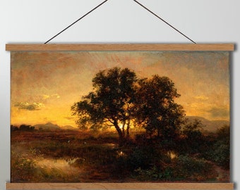 Hanging Canvas, Vintage Moody Lake Landscape, Dark Scenery Oil Painting, Rustic Canvas Print,Country Landscape Art,Landscape Tapestry