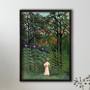 by Henri Rousseau Woman Walking In An Exotic Forest, Vintage Poster, Green, Orange, Poster Aesthetic, Painting Print, Vintage Botanical