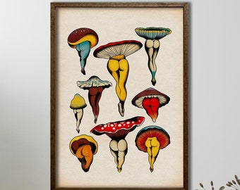 Funny Mushroom Art,Retro Funny Mushroom Booties Poster, Fungi Poster, Fungus Poster, Retro Kitchen Poster