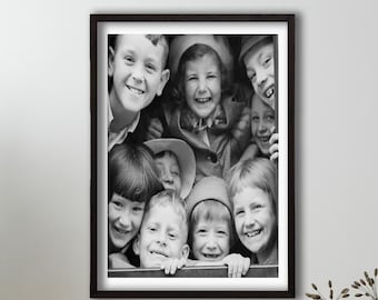 Funny Bathroom Wall Art, Black and White Kids Smiling Print, Vintage Photography Poster, Playful Retro Canvas, Bathroom Humor Decor