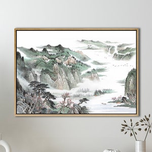 Sage Green Chinese landscape watercolor painting,Chinese Canvas art,chinese art prints, art posters, paintings, wall art, FINE ART PRINT,