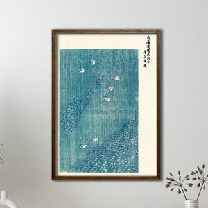 Japanese Vintage Woodblock Print by Taguchi Tomoki – Swans on Blue Lake | Japan Wall Art, Minimalist Poster, Yatsuo no Tsubaki Canvas Print