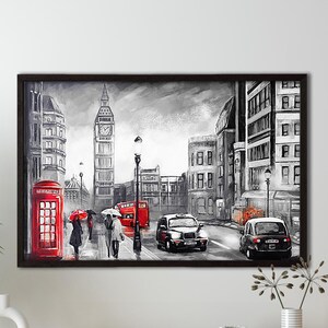 London Landscape,Framed London street Red umbrella bus, Red black decor decor, Extra large wall art London canvas print,