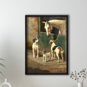 Horse and Dogs, Dogs and Horse at Stable Framed Oil Painting Reproduction Print on Canvas