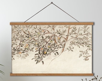 Hängande duk, vintage neutral trädskisstryck, bondgårdsbotanisk teckning, lantlig väggkonst botanisk textilteckning