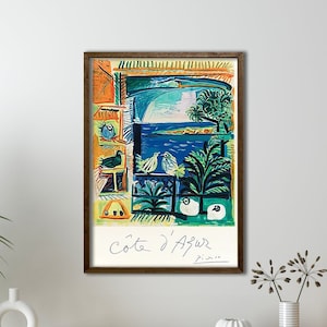 Picasso Travel Poster, Picasso Print, Cote D&#39;azur, Ocean view, Colorful Art, Gift Idea, Beach house, Summer Print, Tropical Trees