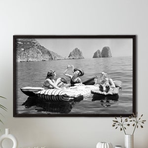 Capri Italy 1939 Girls Italian Pasta,Eating Spaghetti on the Water Vintage Poster Print, Air Floats Ocean Women Wall Art Home House Decor