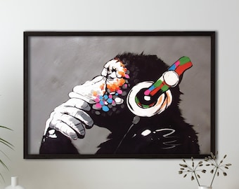Banksy Thinking Monkey Headphones Canvas Wall Art Print - Banksy Dj Gorilla Thinker Nursery Large Framed Decor Music Funny Street Graffiti,