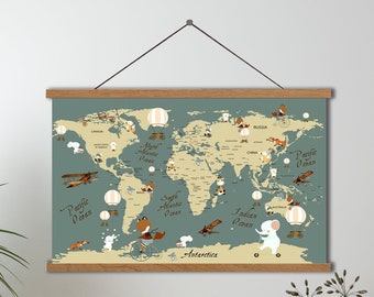 Educational Oversized Kids Room Art, Classroom Wall Art Tapestry,Playroom Decor, Classroom Decor,World Animal Map, Homeschool Art