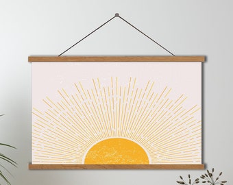Hanging Boho Canvas,Sun with Rays Prints,Canvas Wall Art, Mid Century Modern Home Artwork, Neutral Boho Decor for Bedroom