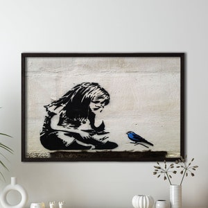 Banksy Girl With Blue Bird  Graffiti Reproduction Print Photography Art Canvas Poster Wall Decor, Canvas Wall Art Home Decor