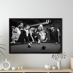 Rolig kanvastavla med biljardbord, retro barväggkonst, svartvit biljardposter, man cave-dekor, vintage spelrumstryck