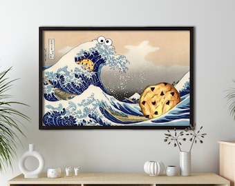 Funny Great Wave Cookie Monster wall art | Hokusai parody canvas print | Japanese wave pop art for kitchen, kids room, quirky decor
