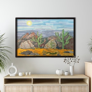 Landschaftsdruck der südwestlichen Wüstenlandschaft - Bunte Kaktus-Gebirgskunst - Boho-Naturszenen-Wanddekor für rustikale Innenräume
