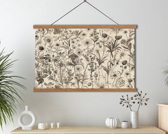 Botanical Textile Print On Hanging Canvas,Vintage Botanical Art,Botanical Textile Art, Large Wall Art,Modern Wall Hanging