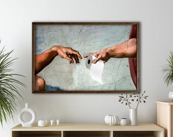 Funny Creation of Adam Toilet Paper Poster, Michelangelo Parody Wall Art, Bathroom Humor Canvas, Renaissance Meme Gift for Him or Her