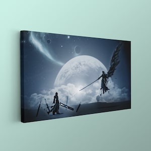 Final Fantasy 7 Cloud vs Sephiroth Canvas, Epic Anime Battle Wall Art, Fantasy Galaxy Print, Gamer Room Decor, Angel vs Warrior Poster