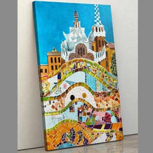 Barcelona Mosaic Print, Park Guell, Mosaic Canvas, Barcelona Poster, Europe Print, Spain Art Print, Travel Art Print, Housewarming Gift