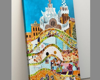 Barcelona Mosaic Print, Park Guell, Mosaic Canvas, Barcelona Poster, Europe Print, Spain Art Print, Travel Art Print, Housewarming Gift