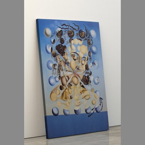 May include: A surrealist painting of a face made up of many smaller faces and circles. The background is a light blue sky with white clouds. The painting is in a style similar to Salvador Dali.