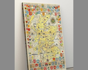 Vintage Scotland map, clans of Scotland, coats of arms, historic Scotland, old Scotland map, Scottish history, Scotland lover gift, Scotland