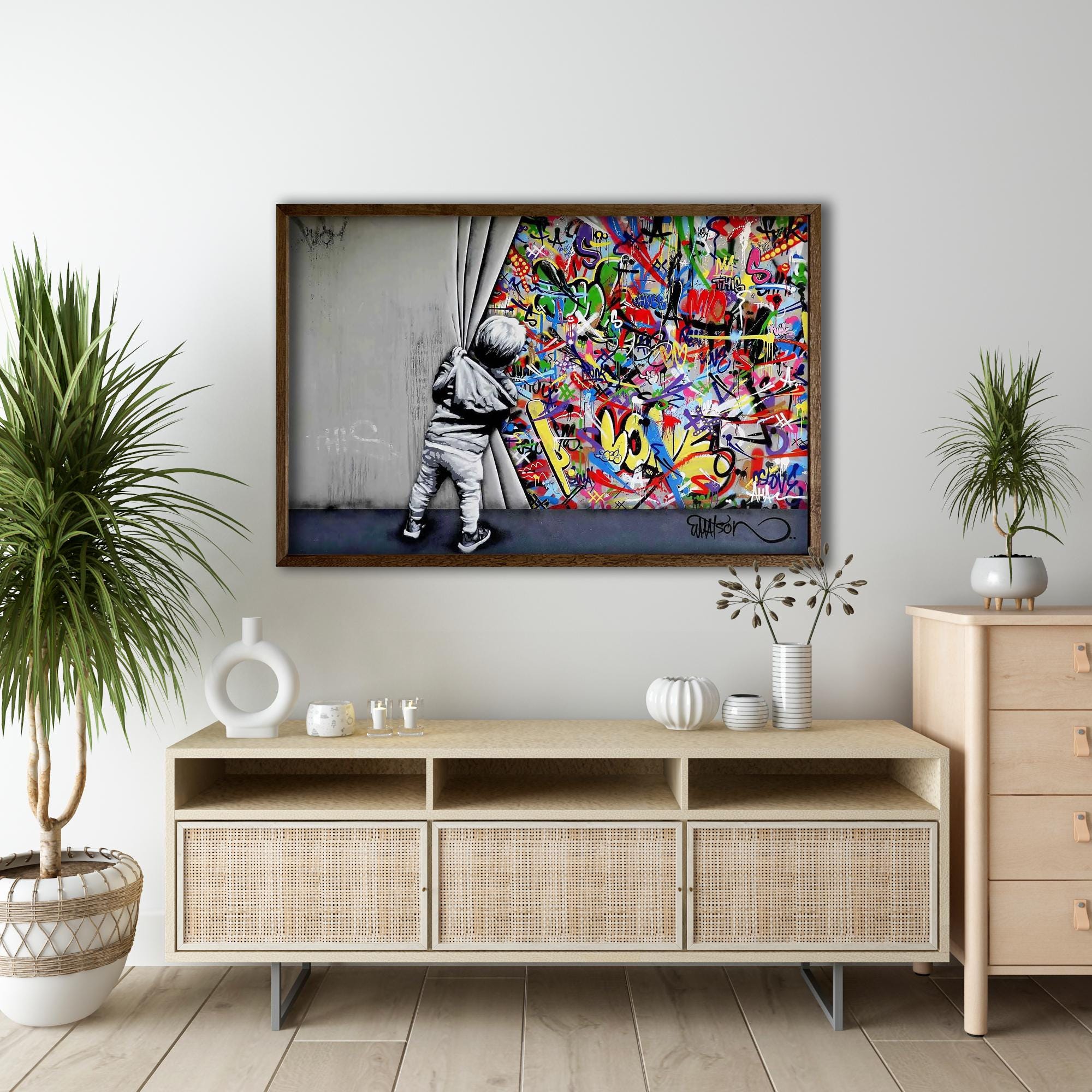 Banksy Street Art Canvas, Child Pulling Curtain Graffiti Print