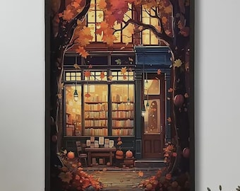 May include: A framed wall art print depicting a bookstore storefront during autumn. The scene features large windows filled with bookshelves, a dark blue door, and trees with orange and yellow leaves. Pumpkins are placed on the ground.