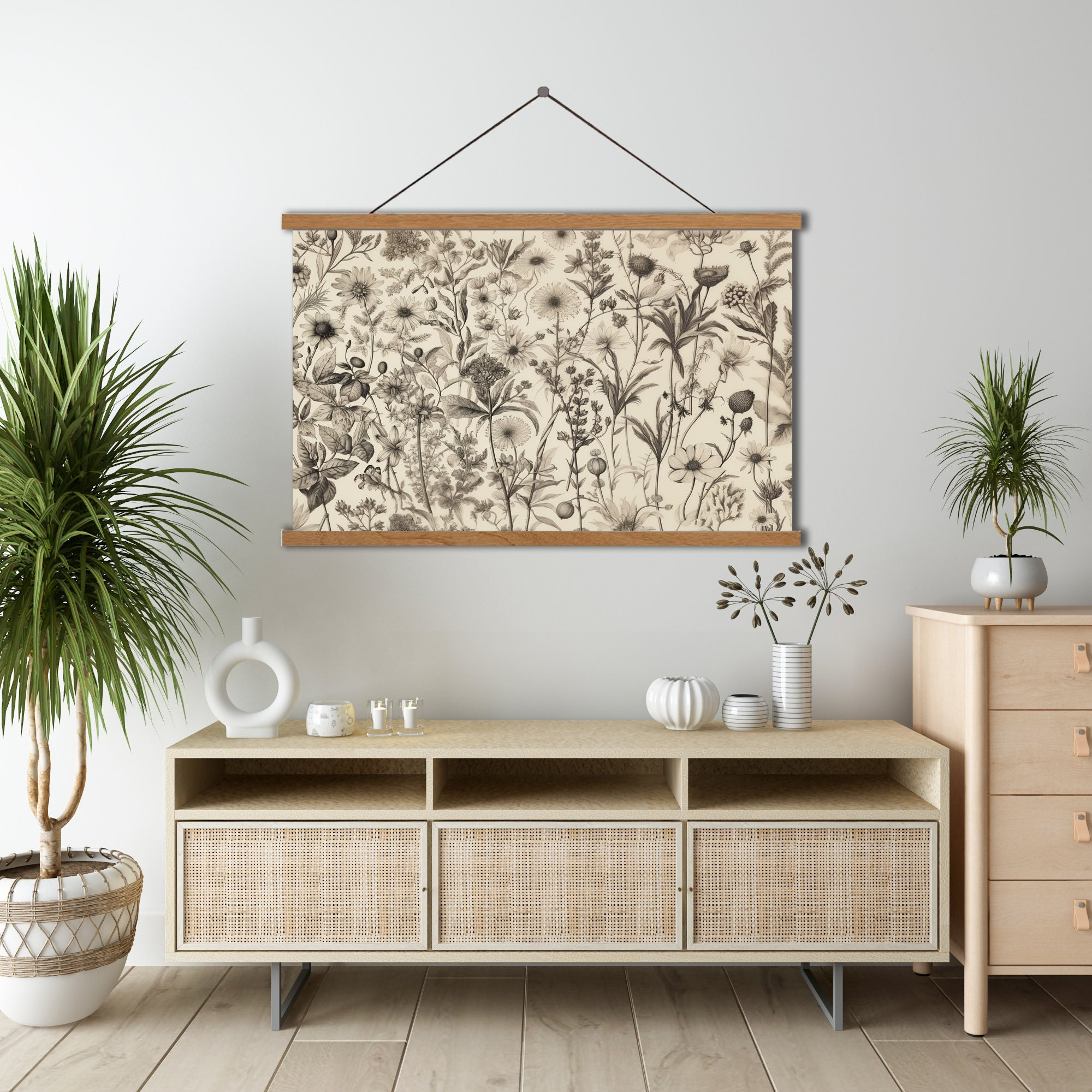 Vintage Botanical Art,Botanical Textile Print On Hanging Canvas,Botanical Textile Art, Large Wall Art,Modern Wall Hanging