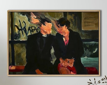 May include: An oil painting in a wooden frame depicting two figures sitting side by side on a bench. The figures wear dark coats, and their faces are obscured by blurred, abstract brushstrokes. The background features dark tones and graffiti-like markings on a wall.