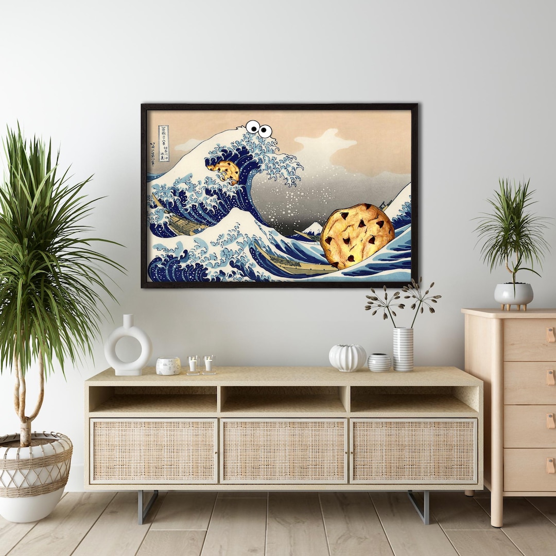 Funny Great Wave Cookie Monster Wall Art | Hokusai Parody Canvas