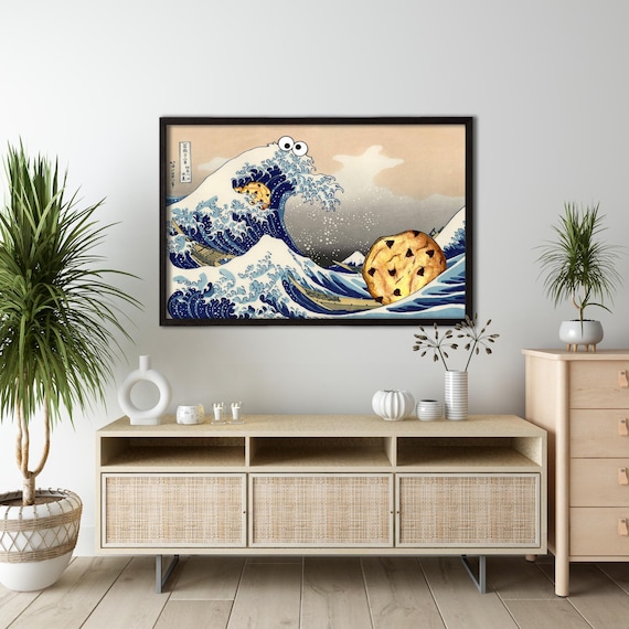 Funny Great Wave Cookie Monster Wall Art | Hokusai Parody Canvas