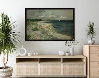 落ち着いた海岸風景画、ヴィンテージビーチハウスの壁アート、アンティークオーシャンプリント、海岸装飾用の落ち着いた海辺のキャンバス
