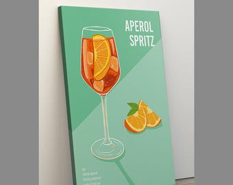 Retro Aperol cocktail canvas art poster with recipe / Vintage wall art design / home bar kitchen decor / gift idea, Canvas Wall Art, Custom
