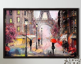 May include: A framed oil painting depicting a rainy Parisian street scene with the Eiffel Tower in the background. The artwork features figures holding umbrellas, tall black street lamps, and buildings with glowing windows in shades of pink, red, and grey.