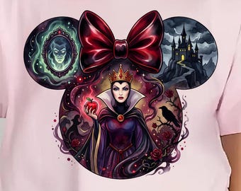 T-shirt Disney Reine Maléfique, T-shirt Oreilles de Souris Méchante, T-shirt Miroir Magique Pomme Empoisonnée, T-shirt d'Halloween Reine Maléfique pour Enfants et Tout-Petits