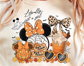 Literally Just a Girl Halloween Fall Park Tee, Pumpkin Mouse Ears Shirt, Spooky Season Cute Bow Shirt, Autumn Trip T-Shirt