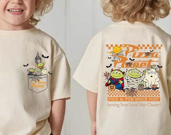 T-shirt enfant personnalisé Halloween Alien Pizza Planet, T-shirt bébé alien effrayant, T-shirt assorti pour toute la famille pour Halloween