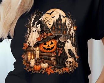 T-shirt d'Halloween vintage, T-shirt chat noir citrouille effrayante, T-shirt maison hantée gothique, T-shirt mignon fantôme sorcière, Tenue pour la saison des frissons