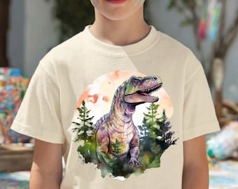 Camiseta estética de dinosaurios en acuarela, camiseta de dinosaurios estilo pintado a mano, ropa infantil inspirada en la naturaleza, top juvenil de T-Rex y Brachiosaurus.