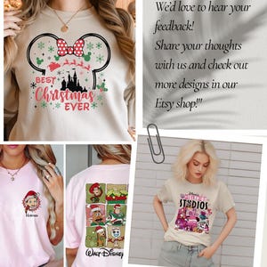 May include: The image showcases various t-shirts and a sweatshirt. One sweatshirt features a Minnie Mouse design with the text "Best Christmas Ever." Other shirts display Disney characters and the text "Hollywood Studios."