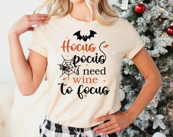 T-shirt « Hocus Pocus, il me faut du vin pour me concentrer », T-shirt humoristique pour les amateurs de vin à l'occasion d'Halloween, T-shirt de sorcière, T-shirt graphique d'automne effrayant, Cadeau mignon d'octobre