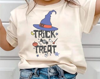 Trick or Treat Kids Halloween Shirt, Cute Witch Hat Toddler Tee, Halloween Kids Shirt, Spooky Season Shirt, Pumpkin Halloween Gift