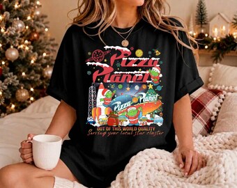 Pizza Planet Christmas Shirt, Funny Holiday Graphic Tee, Festive Space Pizza T-Shirt, DTF Printed Xmas Shirt, Christmas Vacation Shirt
