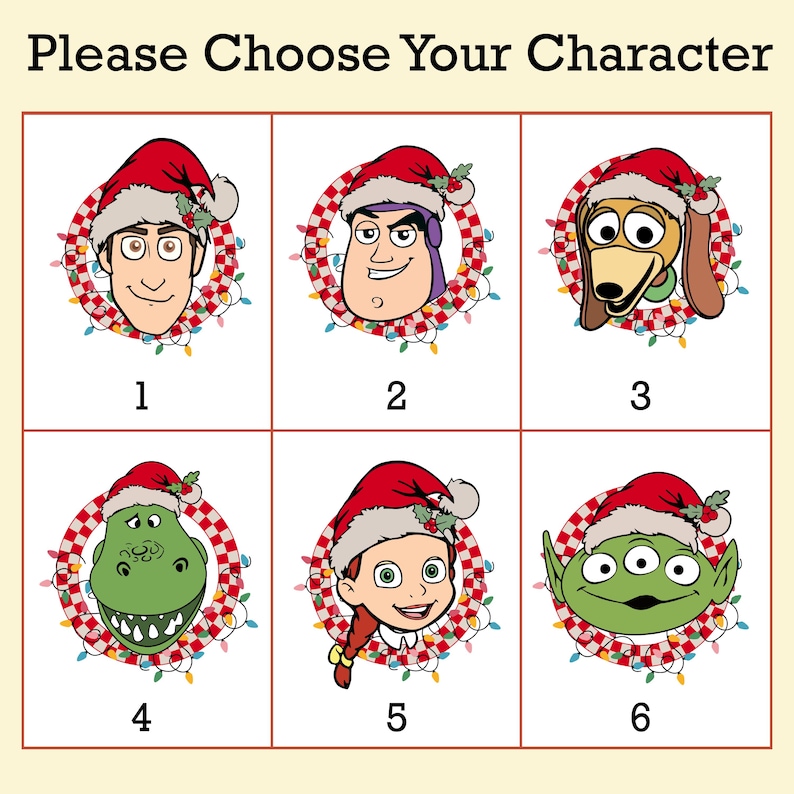 Puede incluir: Gr&aacute;fico con seis caras de personajes de dibujos animados, cada uno con un gorro de Pap&aacute; Noel y rodeado por una guirnalda de luces. El texto en la parte superior dice "Please Choose Your Character". Los personajes incluyen a Woody, Buzz Lightyear, Slinky Dog, Rex, Jessie y un extraterrestre.