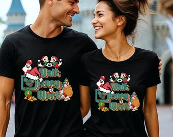 Chemises rétro pour couple de Noël Walt Disney, dessin animé de vacances vintage, t-shirt de famille assorti festif, t-shirt graphique joyeux Noël Walt Disney