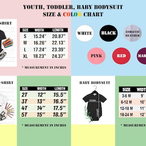 Puede incluir: Una tabla de tallas y colores para bodies y camisetas para j&oacute;venes, ni&ntilde;os peque&ntilde;os y beb&eacute;s. La tabla incluye medidas en pulgadas para el ancho y el largo, junto con opciones de color: blanco, negro, rosa, rojo, granate, gris jaspeado atl&eacute;tico y gris oscuro.