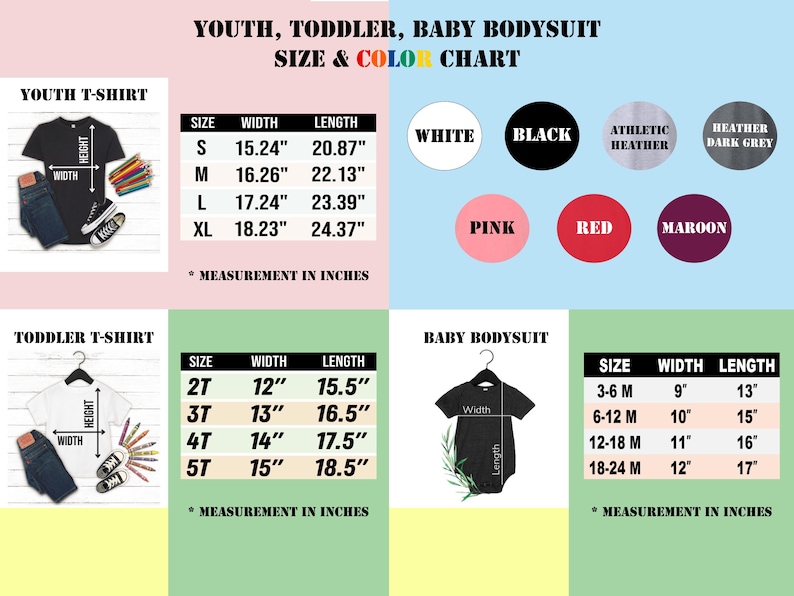 Puede incluir: Una tabla de tallas y colores para bodies y camisetas para j&oacute;venes, ni&ntilde;os peque&ntilde;os y beb&eacute;s. La tabla incluye medidas en pulgadas para el ancho y el largo, junto con opciones de color: blanco, negro, rosa, rojo, granate, gris jaspeado atl&eacute;tico y gris oscuro.