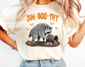 T-shirt d'Halloween Jim-BOO-Thy Raton laveur, T-shirt Raton laveur effrayant et drôle, T-shirt Raton laveur poubelle d'Halloween, T-shirt graphique animal pour la saison d'Halloween