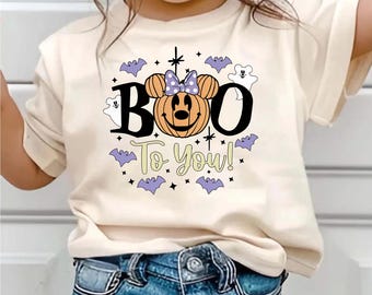 T-shirt Minnie Halloween « Boo To You », T-shirt enfant citrouille Halloween rétro, T-shirt bébé Minnie nœud effrayant, T-shirt graphique chauves-souris fantômes Halloween